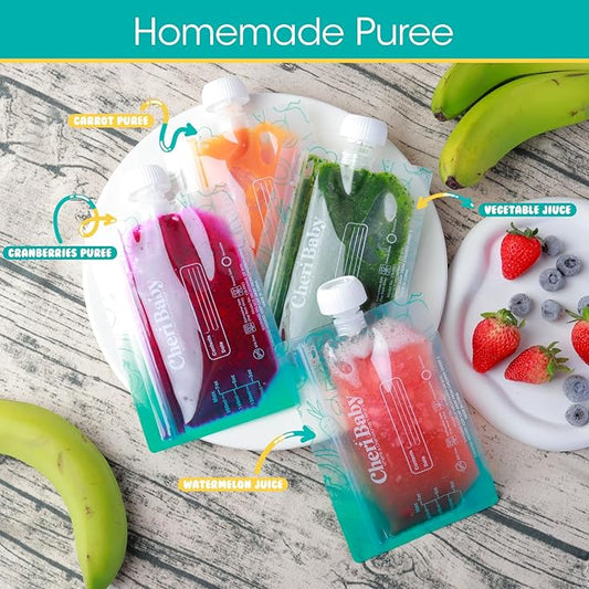 CheriBaby Reusable Baby Food Pouches for Toddlers – 10 Packs, BPA Free Plastic, Food Safe, Freezer Safe, Refillable Squeeze Pouch for Applesauce, Yogurt & Puree, Leakproof Double Lock Zipper, 5oz