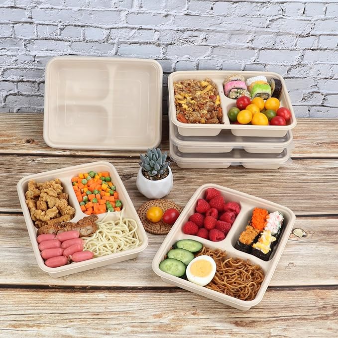 23 oz Sugarcane Fiber 3 Compartments disposable plates with Lids food container sets Plant Fibers Freezer Safe 50 Pack