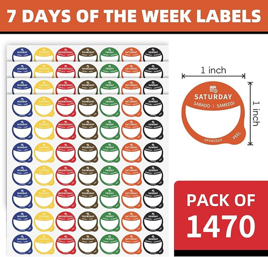 Day of The Week Stickers,Food Labels Stickers,1470 PCS Writable and Removable Day Label Peel Tab for Containers Bottles Food Bags, Home Kitchen Restaurant Supplies for Inventory Management