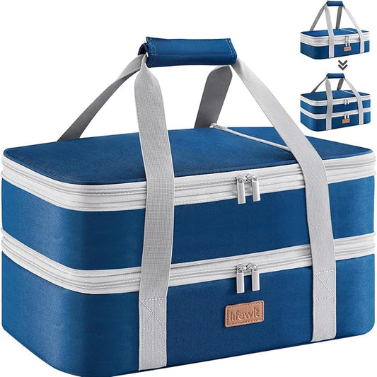 Lifewit Expandable Insulated Casserole Carrier for Hot or Cold Food, Double Decker Food Bag Lasagna Holder Carry Tote for Potluck Parties/Picnic/Cookouts, Fits 9"x13" Baking Dish, Pure Blue