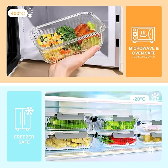 16 Piece Glass Storage Containers With Lids - 12.5+35.1 OZ Black Rectangles for Meal Prep, Microwaveable, Frozen Storage