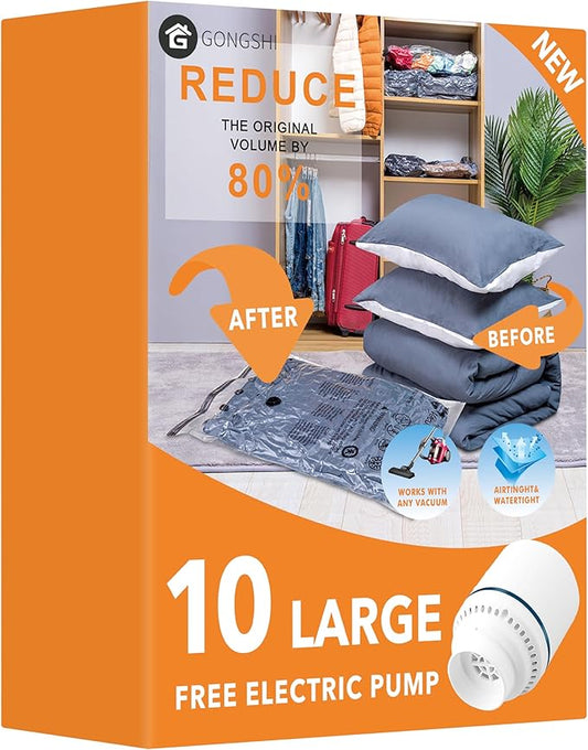 10 Large Vacuum Storage Bags with Electric Pump, Space Saver Bag for Clothes, Mattress, Blanket, Duvets, Pillows, Comforters, Travel