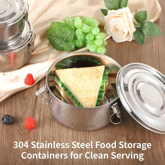 3 PCS Bento Box Set, 304 Stainless Steel Leak-Proof Food Storage Containers, Dishwasher Safe Lunch Boxes, Round Airtight Stainless Steel Containers, 660 ML 1040 ML 1950 ML Sizes