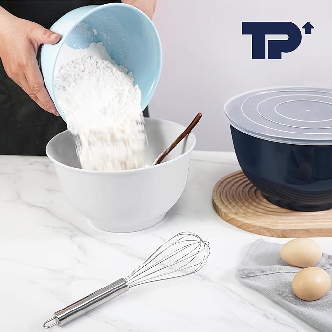 TP Mixing Bowls with Lids, 6-Piece Nesting Melamine Bowls Set for Prepping Serving Baking Cooking, Non Slip Bottom, Set of 3, Blue and White