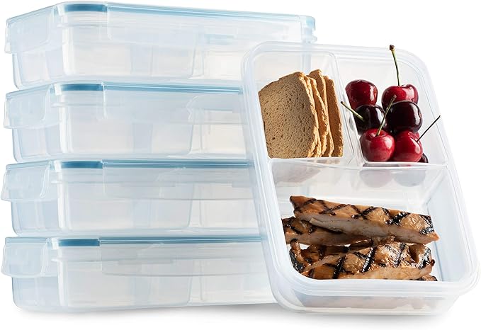 Komax Biokips Set of 5 Lunch Containers – 3 Compartment Food Container for Meal Prep, Portion Control – Microwave & Dishwasher Safe Bento Box Adult Lunch Container w/Locking Lid (37 oz)