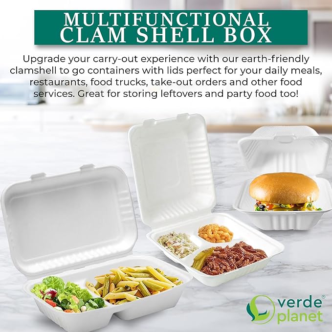 Verde Planet Clamshell Take Out Containers - 100% Natural Bagasse Sugarcane Fiber - Disposable Food Containers with Hinge Lids - Heavy-Duty To Go Boxes for Food - (6" X 6", 1-Compartment, 50-Pack)