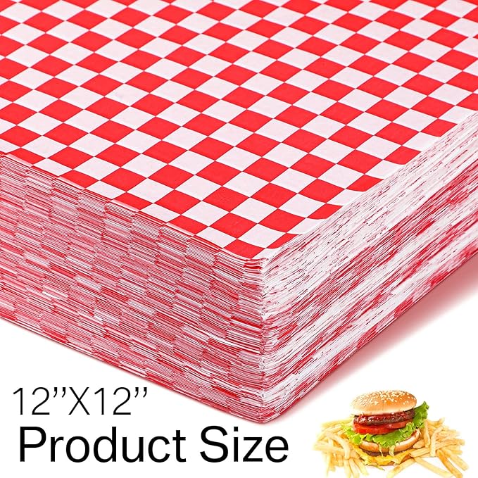 1000 Sheets Wax Deli Paper Sheets for Food 12 x 12 Inch Checkered Dry Waxed Deli Basket Liners for Sandwich Wrapping, Food Basket Liners, Picnic party(Red-white)