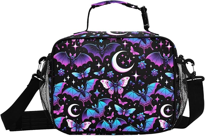 MNSRUU Student Lunch Bag Neon Purple and Bats Stars and Moons Insulated DinnerTotes Picnic Bag Lunch Box with Adjustable Shoulder Strap for Teen Kids Adults