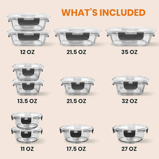 NutriChef 24pcs Glass Food Storage Containers, (12 Stackable Heavy Duty Meal Prep Containers w/ 12 Airtight Lids), Microwave, Freezer, & Dishwasher Safe for Food, Snacks, Fruit & More, (Gray)