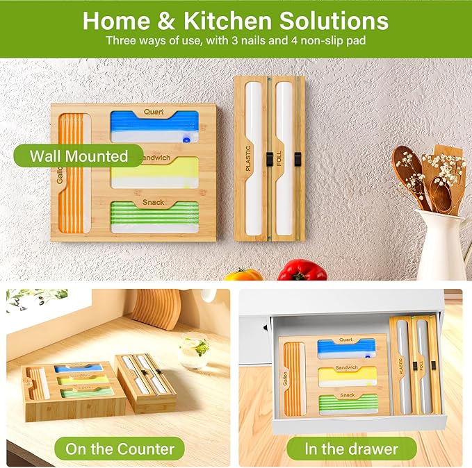 KOCWELL Bamboo Bag Storage Organizer - 2 Wrap Dispenser with Cutter & 4 Slots Food Storage Bags Container - Kitchen Drawer Plastic Bags Storage Organization for Gallon Quart Sandwich Snack Bags