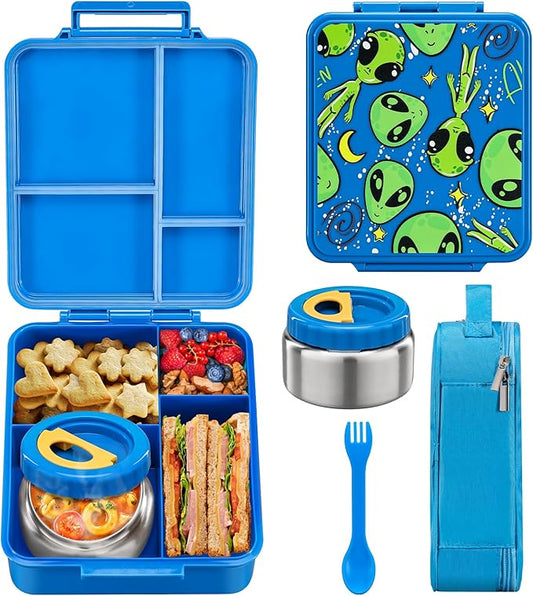 MAISON HUIS Bento Lunch Box for Kids With 8oz Soup Thermo, Leakproof Lunch Compartment Containers with 4 Compartment Bento Box, Thermo Food Jar and Lunch Bag, BPA Free,Travel, School(Alien in Space)