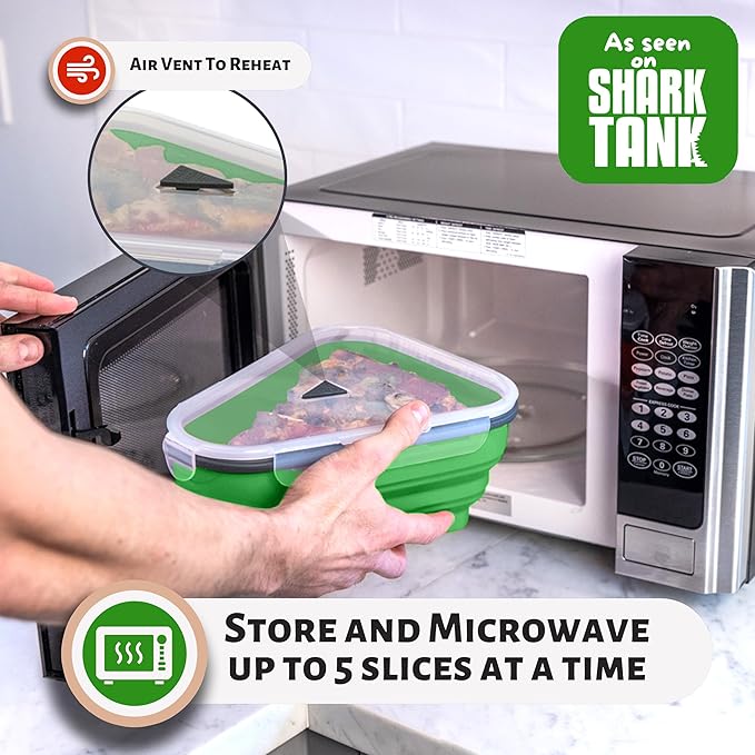 PIZZA PACK The Perfect Reusable Pizza Storage Container with 5 Microwavable Serving Trays - BPA-Free Adjustable Pizza Slice Container to Organize & Save Space, 4 Pack, Green