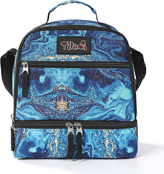 Tilami Lunch Bags Insulated Adjustable Strap Zipper, Water-Resistant Cooler Bags, Bento Bags for Kids Toddlers, Blue Wave