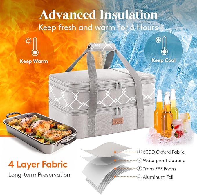 Lifewit Expandable Insulated Casserole Carrier for Hot or Cold Food, Double Decker Food Bag Lasagna Holder Carry Tote for Potluck Parties/Picnic/Cookouts, Fits 9"x13" Baking Dish, Grey-Geometric