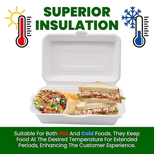 Concession Essentials Pack of 30CT 9" x 6.5" x 1.5" Inch Foam 1-Compartment Containers, White, Hinged, with Optional Venting, Polystyrene