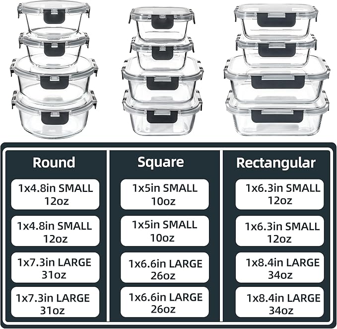 YANGNAY Glass Food Storage Containers Set of 12, Glass Meal Prep Containers with Airtight Lids, Dishwasher Safe, 6 Sizes
