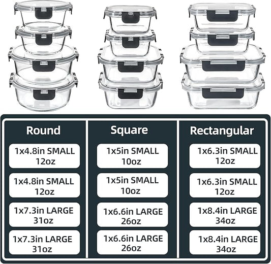 YANGNAY Glass Food Storage Containers Set of 12, Glass Meal Prep Containers with Airtight Lids, Dishwasher Safe, 6 Sizes