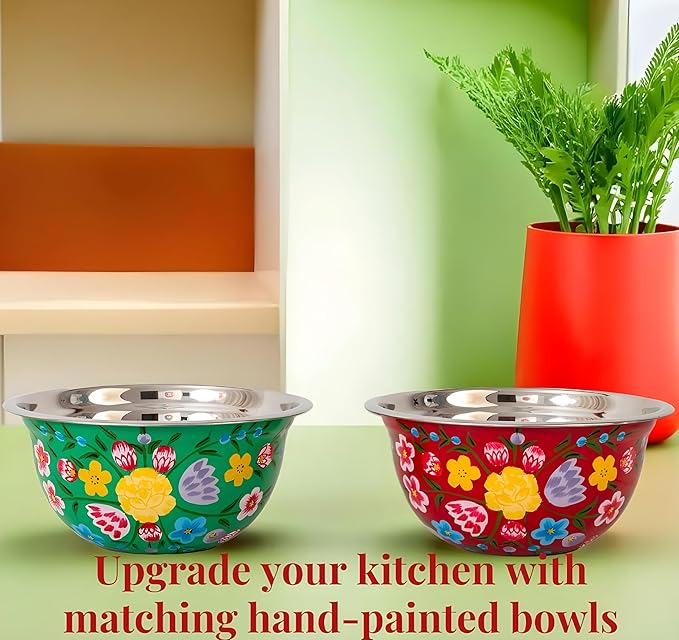 Large Hand Painted Stainless Steel Fruit Bowl - Decorative Floral for Salad Mixing and Serving - Traditional Kashmiri Art for Home Decor (Red)