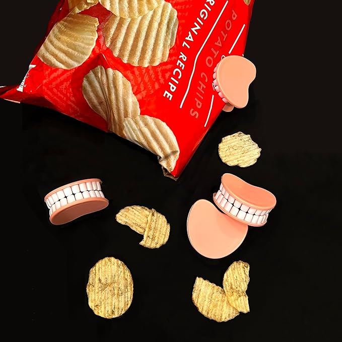 NPW Denture Chip Clips – 4 Pack – Funny Teeth-Shaped Bag Clips for Snacks & Kitchen Storage, Gag Gift for Dentists, Seniors & Prank Lovers