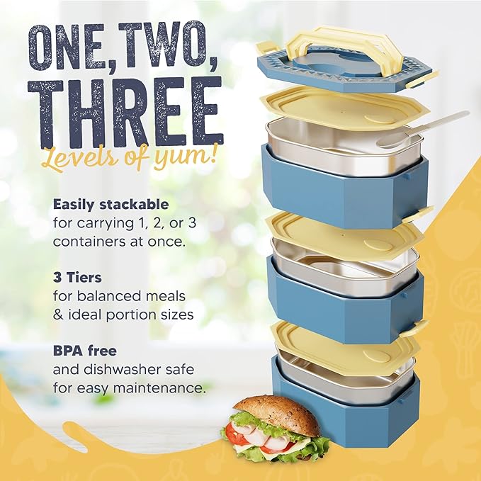 Stainless Steel Stackable Bento Box Adult Lunch Box with Cutlery - Hot/Cold - Separates Ideal Portion Sizes - Reusable Tin Inserts - Dishwasher Safe - Stackable Lunch Container for Adults with Spork