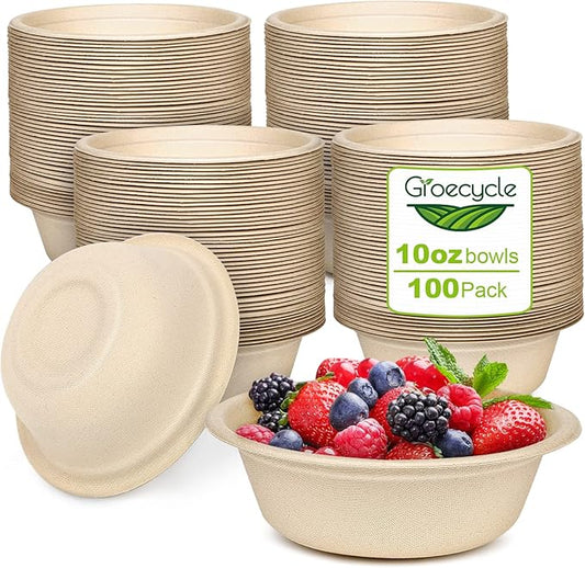 Paper Bowls 10 oz, 100 Pack Small Disposable Bowls, Heavy Duty Bowls For Hot Soup, Ice Cream, Fruits, Snack, 100% Compostable Biodegradable Bowls Made Of Sugarcane