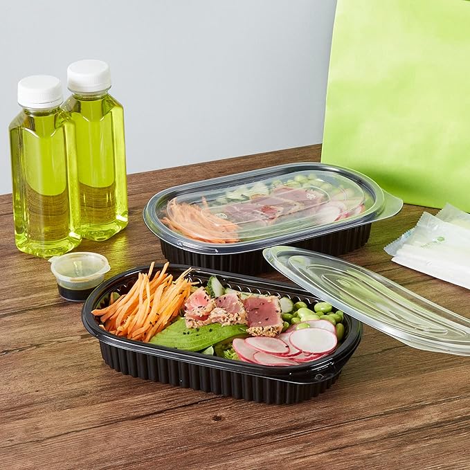 RW Base 25 Ounce Meal Prep Containers, 50 Microwavable To Go Containers With Lids - Disposable, Freezable, Black Plastic Oval Food Containers, Pack Hot And Cold Food, For Takeaway - Restaurantware