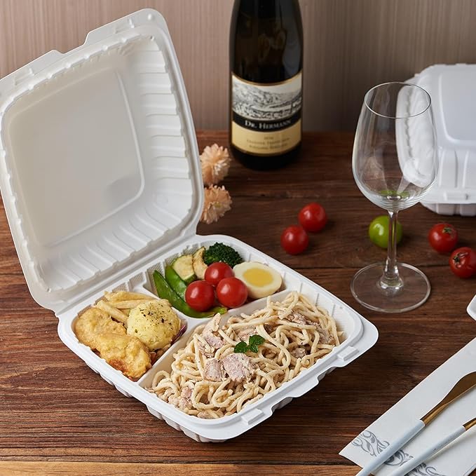 9X9 3 Compartment 50-Pack Plastic Clamshell Take Out Food Containers, Heavy Duty Disposable To-go Box For Cake, Sandwich, Salad, Dessert (Formerly FULING)