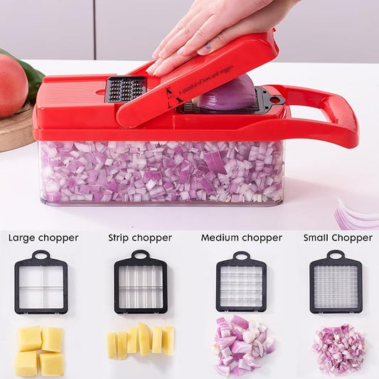 New 26 in 1 Ultimate Vegetable Chopper – Multi-Function Vegetable Slicer for Slice, Dice, Chop, Grate and Spiralize - Hand Kitchen Slicer for Food and Salad - Kitchen Essential (Red)