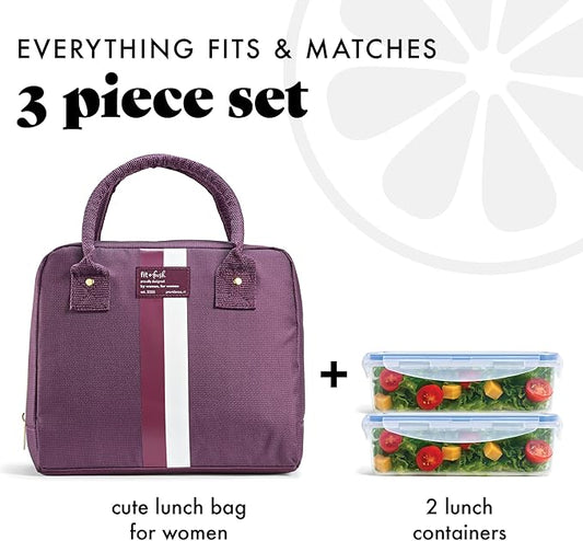 Fit & Fresh Lunch Bag For Women, Insulated Womens Lunch Bag For Work, Leak Resistant & Stain-Resistant Large Lunch Box For Women With 2 Large Containers, Zipper Closure Bloomington Bag, Plum Stripe