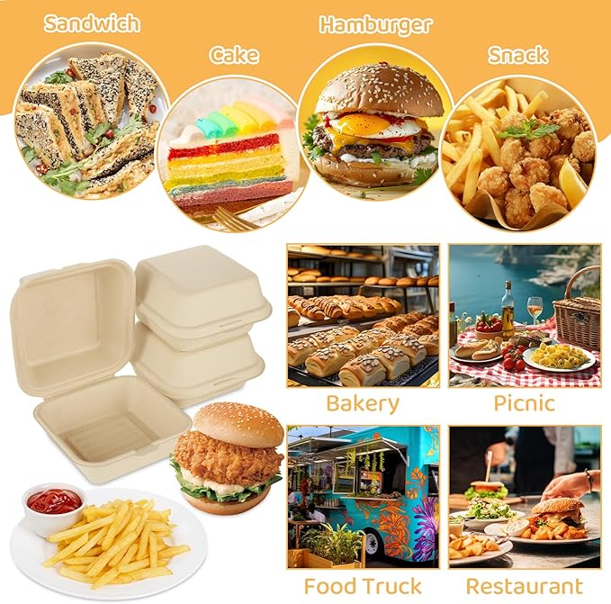 CYEAH 100 Pack Compostable Square Hinged Container, 5 X 5 Disposable Square Small Lunch Box Takeout Containers with Lid, Single Compartment Clamshell Takeout Box for Burger, Sandwiches, Salad