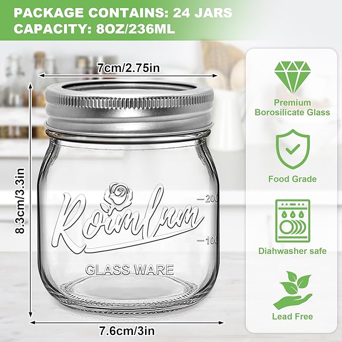 24 Pack 8 oz Mason Jars with Airtight Lids and Bands, Mini Glass Canning Jar for Food Storage Pickling, Regular Half Pint Jar for Kitchen Spice, Jam, Jelly, Overnight Oats, Baby Foods