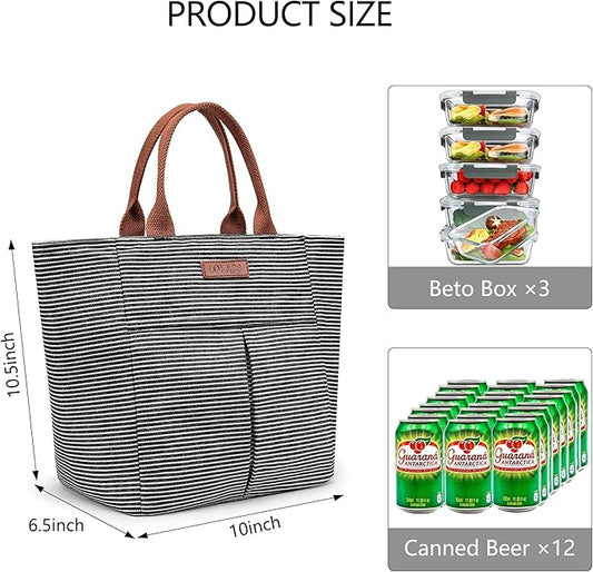 LOKASS Lunch Bag Women Insulated Lunch Box, Wide-Open Lunch Tote Bag Leak-proof Cooler Bag for Work Picnic- (Stripe)