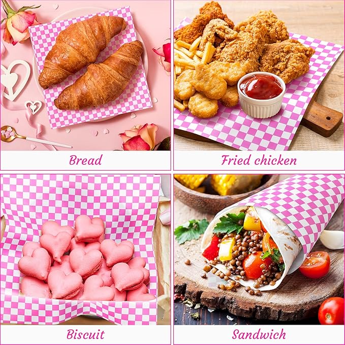 Spakon 1000 Sheets Wax Deli Paper Sheets for Food 12 x 12 Inch Checkered Dry Waxed Deli Basket Liners for Sandwich Wrapping, Food Basket Liners, Picnic party (Hot Pink-white)