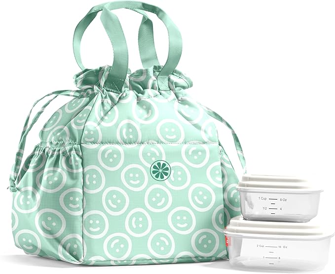 Fit & Fresh Lunch Bag For Women, Insulated Womens Lunch Bag For Work, Stain-Resistant Large Lunch Box For Women With Containers, Cinch Closure Cromwell Bag, All Smiles Mint