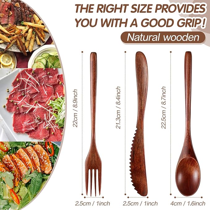 Geiserailie 24 Pcs Wooden Utensils for Eating Wooden Spoon Fork Knife Cutlery Set Kitchen Wood Dinner Flatware Tableware Set Includes Spoon, Fork, Knife (Phoebe Wood)
