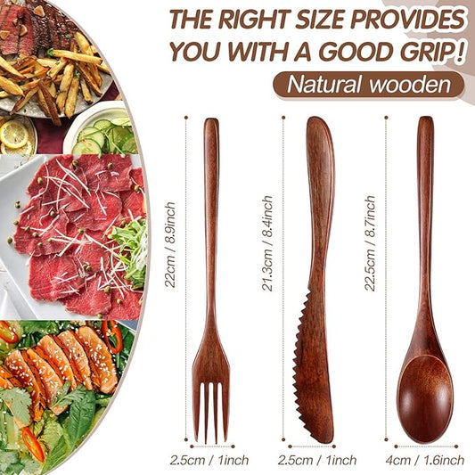Geiserailie 24 Pcs Wooden Utensils for Eating Wooden Spoon Fork Knife Cutlery Set Kitchen Wood Dinner Flatware Tableware Set Includes Spoon, Fork, Knife (Phoebe Wood)