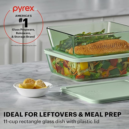 Pyrex Colors (11 Cup) Tinted Glass Large Rectangular Food Storage Container, Snug Fit Non-Toxic Plastic BPA-Free Lids, Freezer Dishwasher Microwave Safe, Green