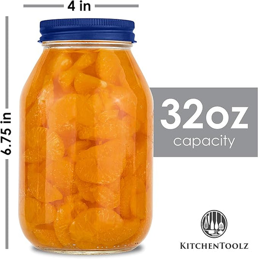 12 Pack of 32oz Mayo Style Glass Mason Jars and Metal Leak Proof Lids for Pickling, Fermenting, Canning and Storing. Containers for Pickles, Kombucha, Preserves, Sauces, Kefir, Fruits