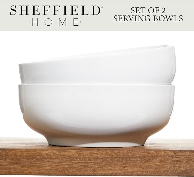 Sheffield Home Large Stoneware Serving Bowl Set - 86oz Capacity 9.5" Large Serving Bowls for Salad, Pasta, Mixing - Dishwasher and Microwave Safe Ceramic - White