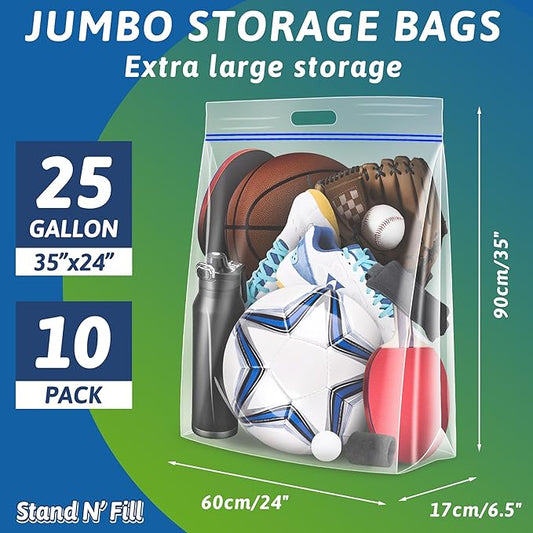 Extra Large 25 Gallon Storage Bags - 35” x 24” with Resealable Zip and Carry Handle, Ideal for Clothes, Pillows, Moving and Travel, Set of 10