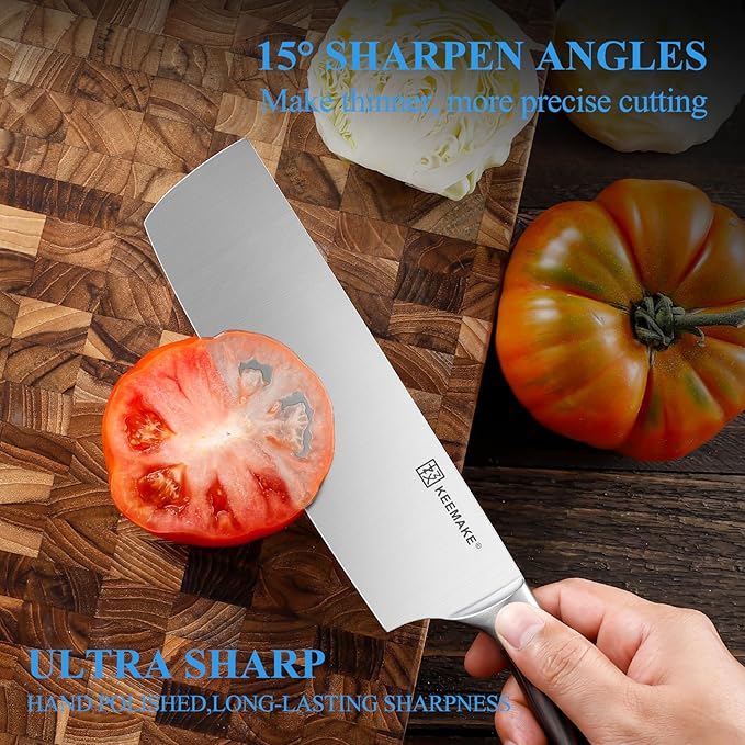 KEEMAKE Nakiri Knife 7 Inch - Sharp Kitchen Knife with High Carbon Stainless Steel Blade, Meat Cleaver Vegetable Cooking Knife with Ergonomic Pakkawood Handle and Gift Box Included