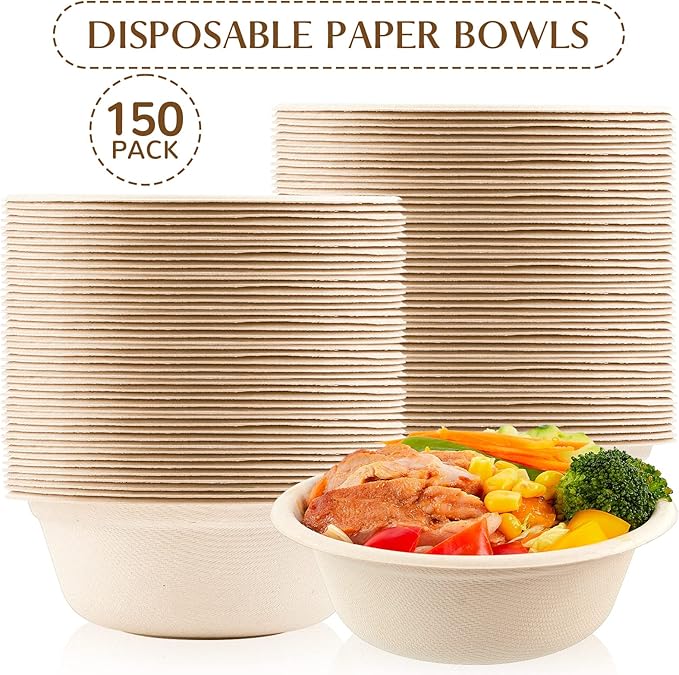 150 Pack 12 oz Paper Bowls Disposable Compostable Soup Bowls Natural Sugarcane Biodegradable Bowls for Ice Cream, Desserts, Pet Food