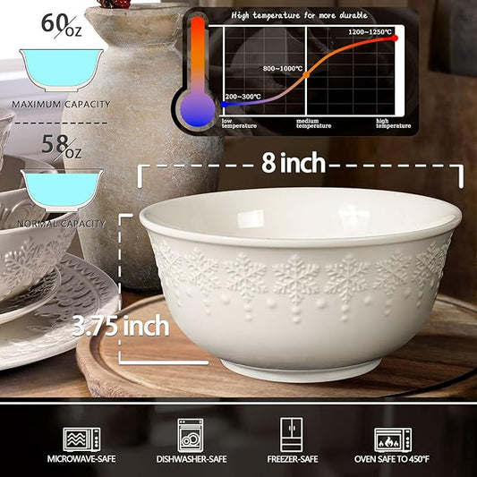 Large Salad Bowls Set of 4, 60oz White Serving Bowls Deep Deep Embossed Ceramic Mixing Bowl for Soup Kitchen, Eating, Ramen, Pasta, Dishwasher & Microwave Safe 8 inch (Snowflake)