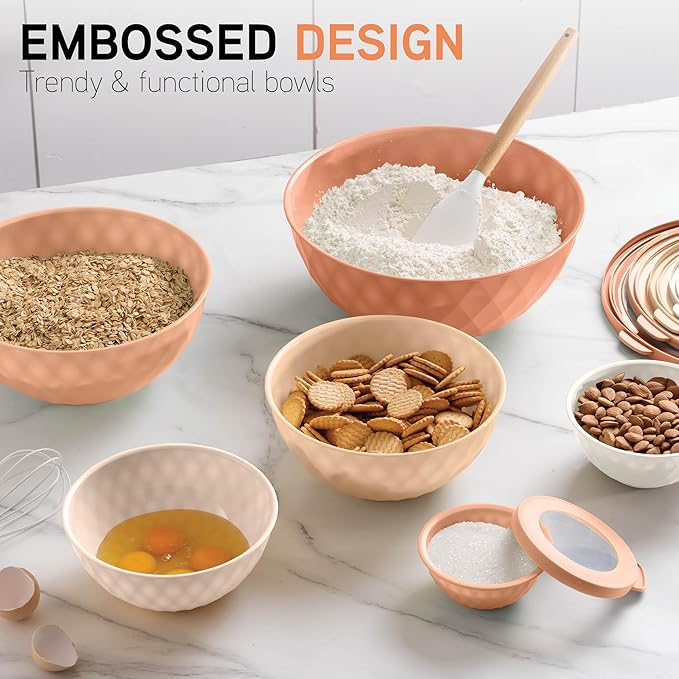COOK WITH COLOR Mixing Bowls with Lids - 12 Piece Plastic Nesting Bowls Set includes 6 Prep Bowls and 6 Lids, Non Slip Bottom and Diamond Design - Microwave Safe (Mint)