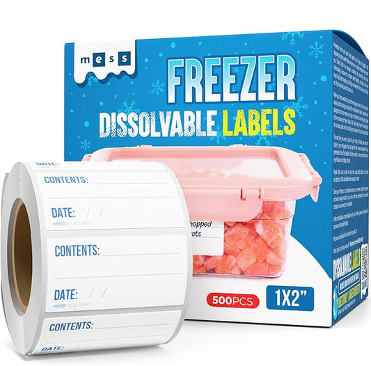 Mess Dissolvable Freezer - 500 Food Labels Stickers - Removable Labels for Food Containers - Kitchen Labels - Food Storage Labels 1x2in