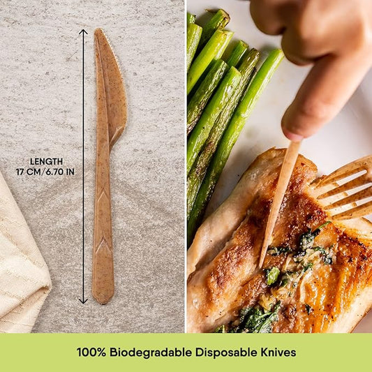 Premium Quality100% Biodegradable Knives Made of Vegetable Fibers, 100 PCS of 6.7” Long Heavy-Duty and Splinter Free Eco-Friendly Knives, Perfect Sustainable Cutlery for All Types of Occasions