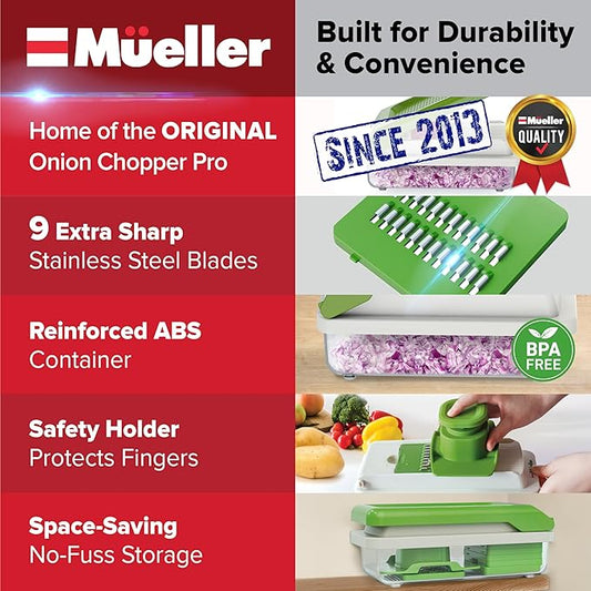Mueller Vegetable Chopper 9 Blade, Mandoline Slicer, Food Veggie Chopper, Cheese Grater, Onion Vegetable Cutter with Container, Dicer, Kitchen Gadgets & Essentials, White Sand/Green