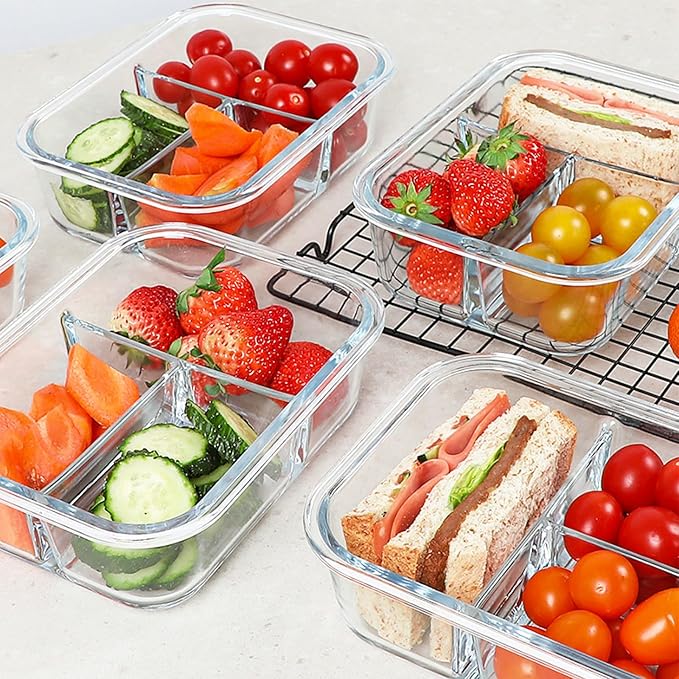 Glass Meal Prep Containers 3 Compartments, 5 Pack 36 oz, Glass Food Storage Containers with Lids, Airtight Lunch Bento Box, Portion Control, Freezer and Microwave Safe
