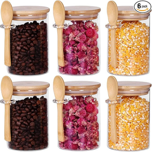Glass Jars with Bamboo Lids and Spoon Set of 6, 17 OZ Coffee Sugar Container Set with Scoop, Overnight Oatmeal Jars Containers with Lids and Spoon for Loose Tea, Yogurt