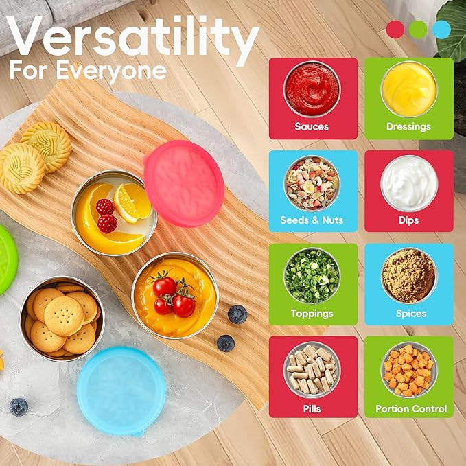 Stainless Steel Snack Containers for Kids Salad Dressing Container To Go Small Snack Box with Silicone Lids Easy Open LeakProof Reusable Metal Toddler Lunch Box for School